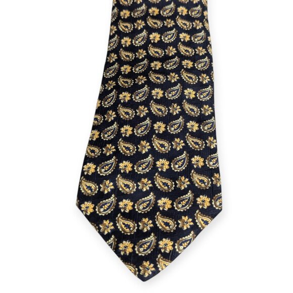 Land's End Men's Paisley Yellow/Gold & Black 100% Silk - Picture 1 of 7